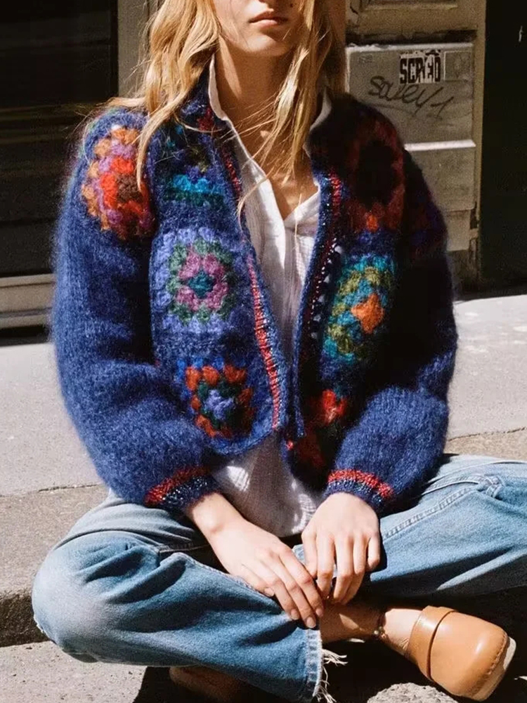 Women's Knits Tees Gypsylady Knitted Block Pattern Sweater Cardigan Handmade Crochet Women Bohemian Cardigan Laides Dames Autumn Blue Bobo Coats 