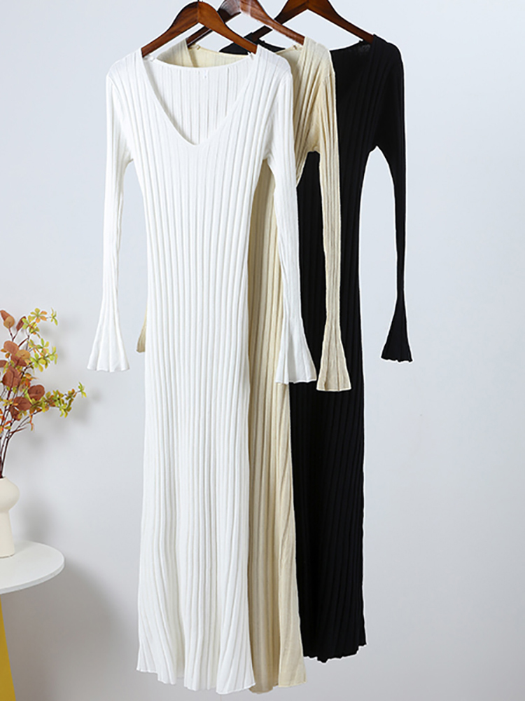 Casual Dresses Knitted Women Long V Neck Female Solid Elegant Full Sleeve ALine Autumn Winter Ladies Ribbed Maxi Robe 230301