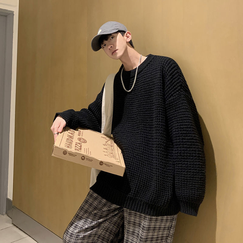 Men's Sweaters Privathinker Waffle Round Neck Sweater Oversized Solid Color Fashion Harajuku Men's Jumpers Autumn Casual Knitted Pullovers 2