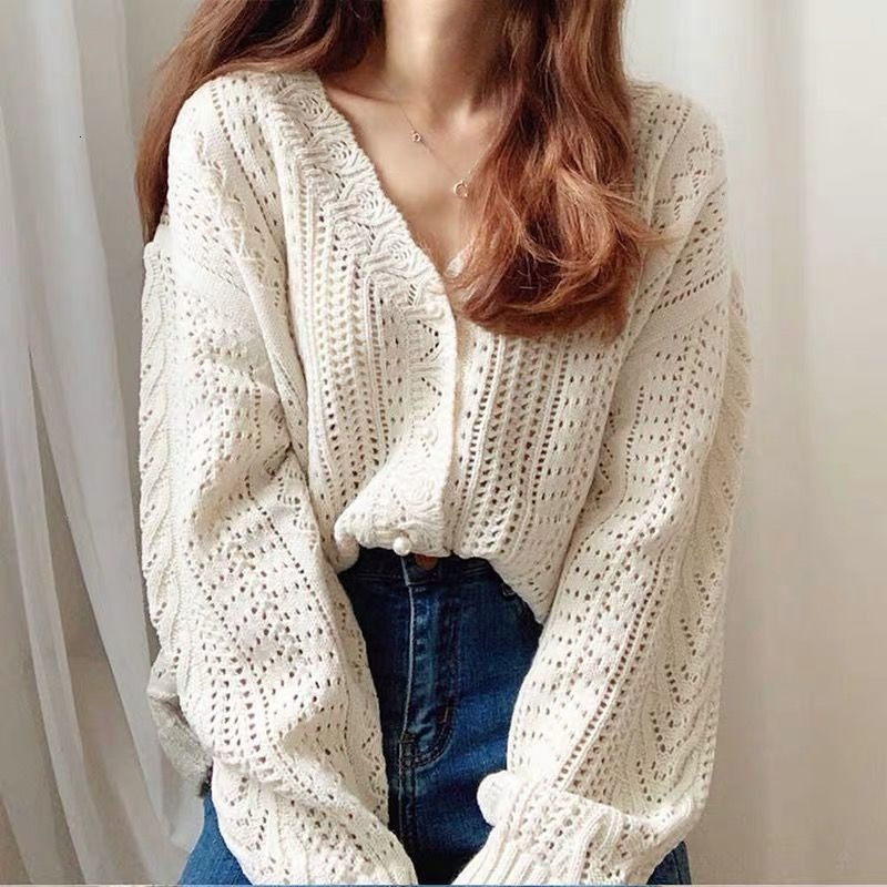 Women's Knits Tees Cardigan Women Elegant Spring Hollow Out Chic Long Sleeve Loose V-neck Feminine Tender Green White Street Outerwear Cozy Ins 2