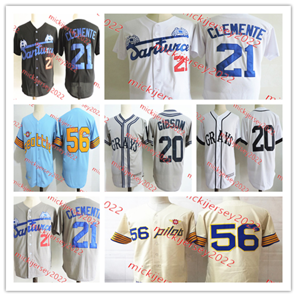 Roberto Clemente Cangrejeros de Santurce Baseball Jersey Mens Stitched #20 Josh Gibson NLBM Homestead Grays Jersey #56 Jim Bouton Seattle Pilots 1969 Jerseys