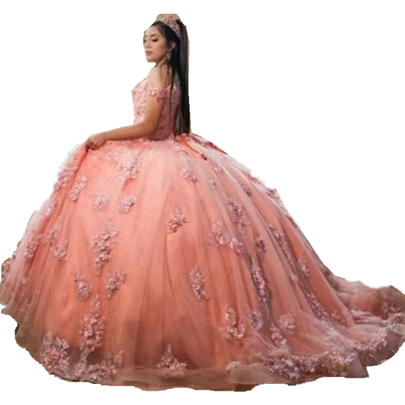 Sweety Peach Quinceanera Dresses Lace Applique Rhinestone Beaded Princess Formal Debutante Party Gowns Off The Shoulder Sweetheart Corset 15 Girls Pro