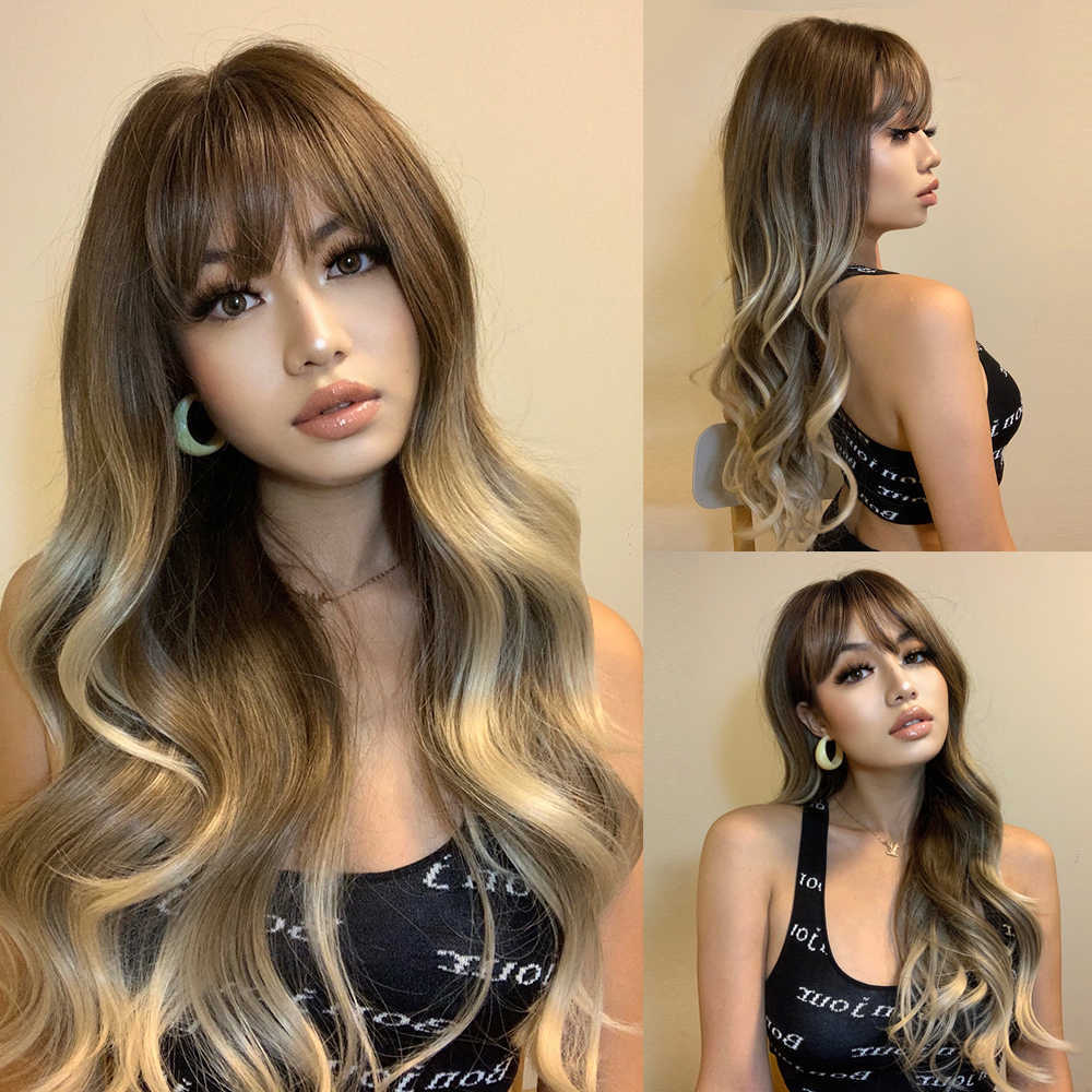 Synthetic Wigs Easihair Grey Ombre Wavy Wigs Long Synthetic for Women with Bangs Natural Hair Heat Resistant Cosplay 230227 Hair Wigs