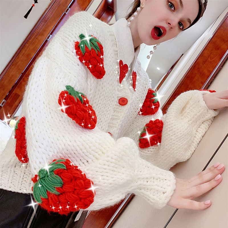 Women's Knits Tees Cute Strawberry Women Cardigan Sweater Winter Loose Fashion V Neck Hand 3D Knitting Ladies Jumper Casual Female Coats 230302