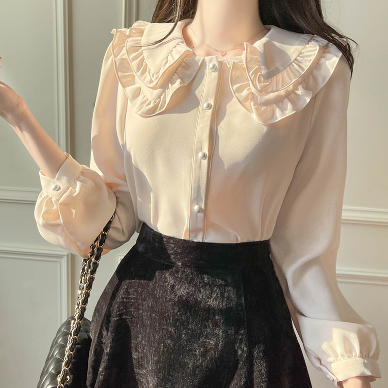 Women's Blouses Shirts fashion Doll collar Chiffon shirt Women's Long-sleeved Office lady Tops Autumn Bow tie Single-breasted Button Blouse 
