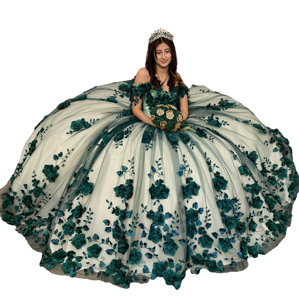 Hunter Green Princess Quinceanera Dresses 3D Flowers Beads Applique Lace-up corset Sweet 15 Dress with bear Party Wear Xv Anos