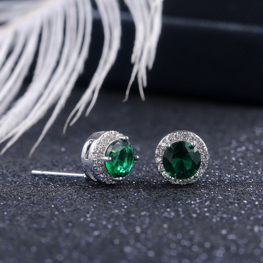 Round Zircon Women Stud Earrings With Green Stone Silver Color Studs Ear Girl Druzy Earrings Jewelry Gift