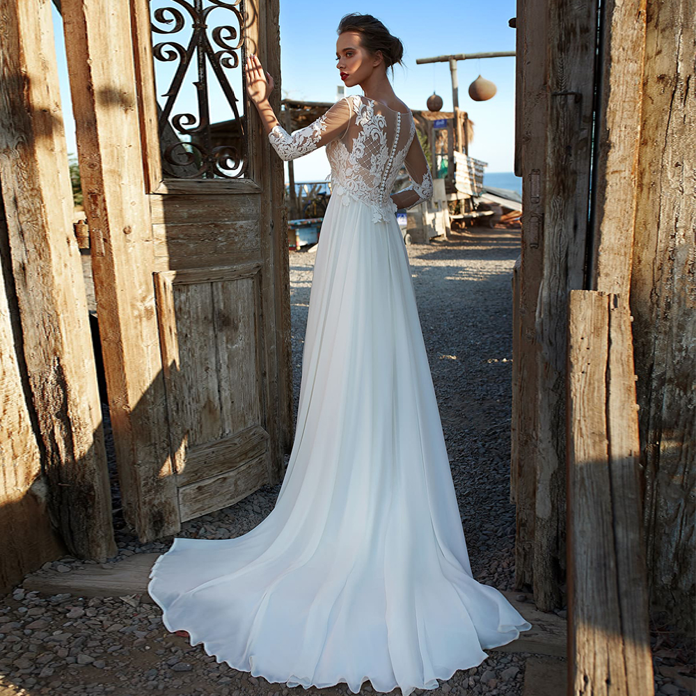 Empire Waist Wedding Dress For Pregnant A-Line Chiffon 3/4 Sleeve V-Neck Lace Appliques Brides Gowns Boho For Women 2023 Robe De Mariee