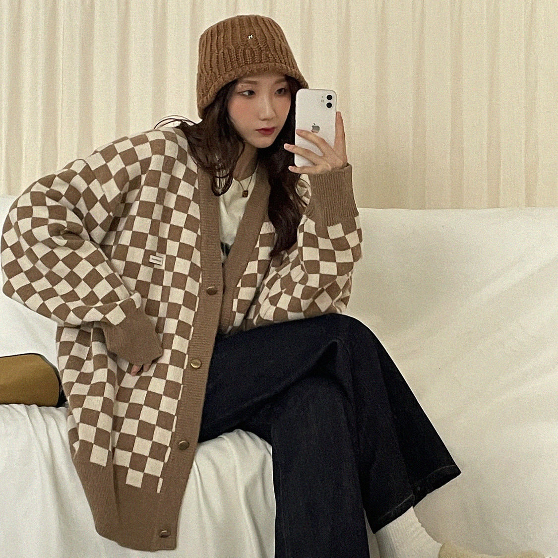 Women's Knits Tees checkerboard Cardigans women Long Sleeve Knitted Sweater Women Korean Pink Sweaters Cardigan Female Jacket with Buttons 230302