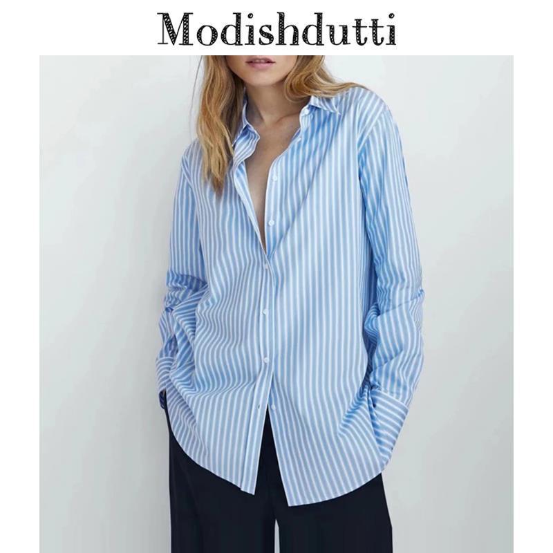 Women's Blouses Shirts Modishdutti Spring Autumn Women Fashion Long Sleeve Stripe Poplin Blouse Female Simple Casual Lapel Loose Shirt Tops 23030