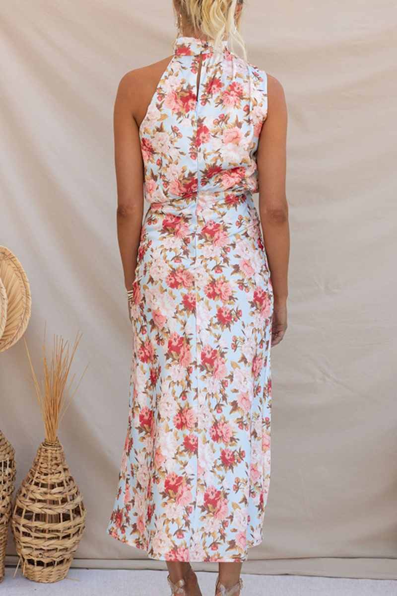 Women Casual Dresses Satin Floral Print Sleeveless Halter Neck Long A-Line Dress