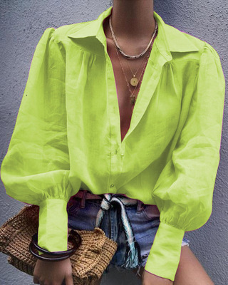 Women's Blouses Shirts Office Lady Summer Suit Collar Sexy Perspective Blouse Chic Women's Puff Sleeve Single-Breasted Loose Shirt Tops 2303