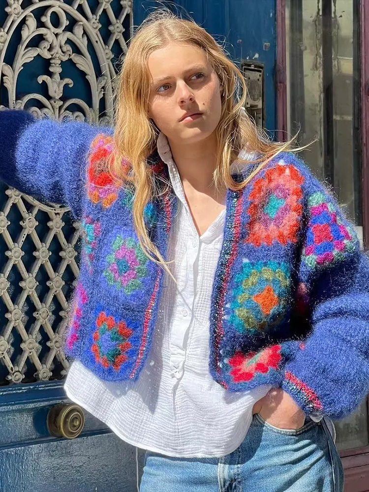 Women's Knits Tees Gypsylady Knitted Block Pattern Sweater Cardigan Handmade Crochet Women Bohemian Cardigan Laides Dames Autumn Blue Bobo Coats 