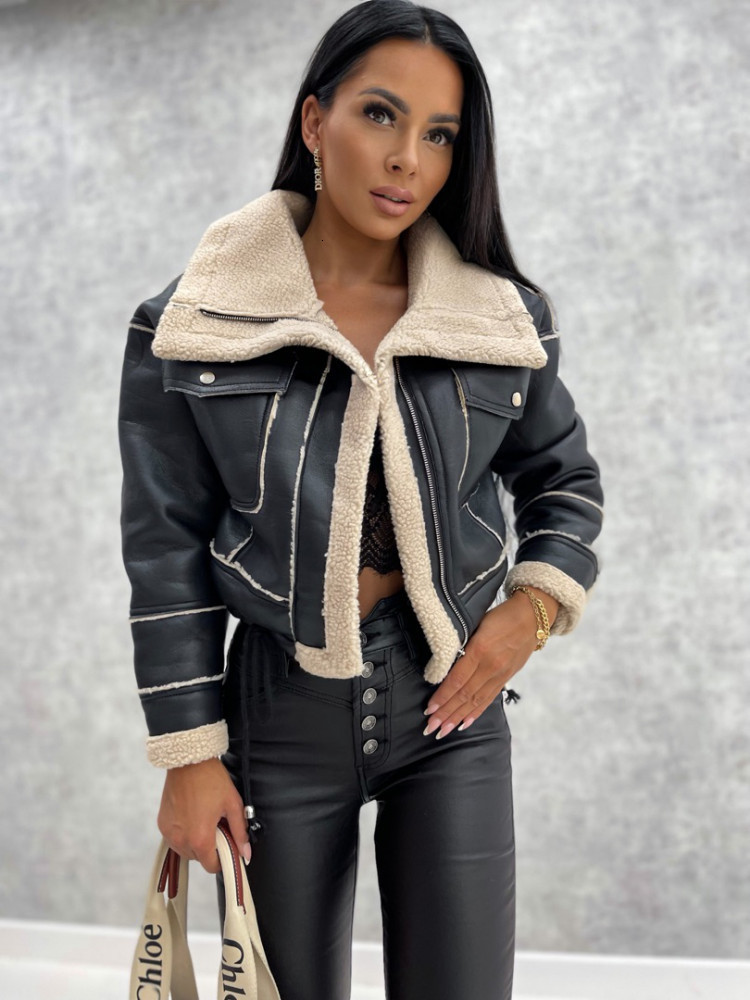 Women's Jackets hirigin Women Winter Faux Leather Long Sleeve Lapel Fleece Linen Coat Zip Up Motorcycle Warm Sherpa Outwear 230301