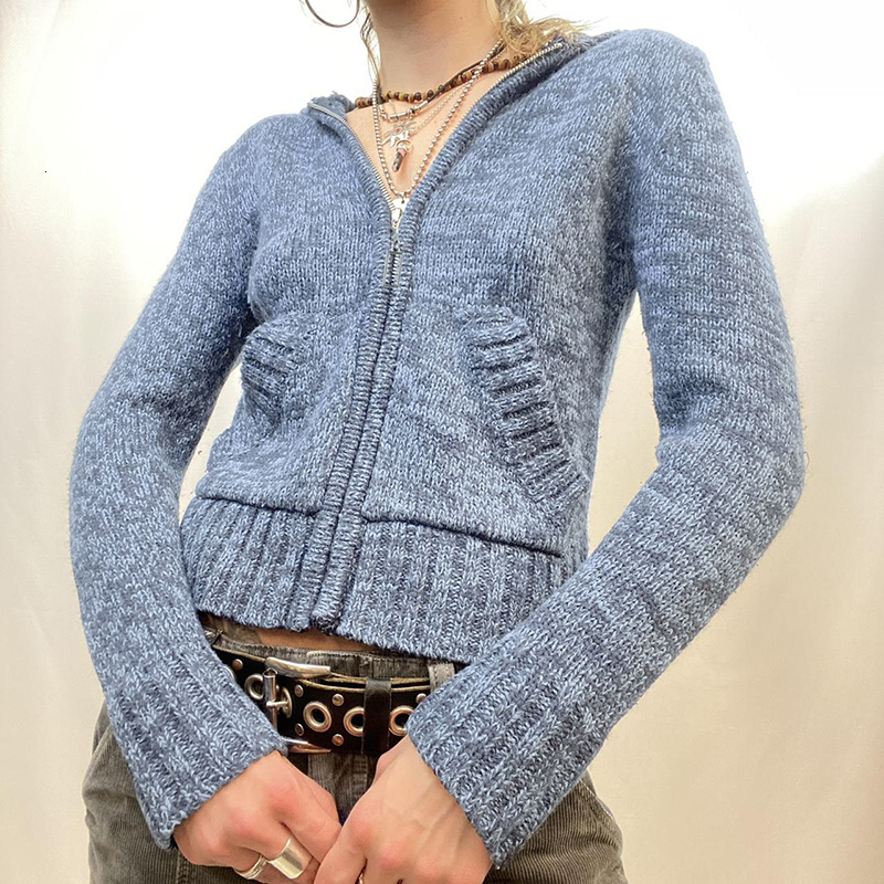 Women's Knits Tees Y2K Retro Zip Up Knitted Sweater with Hooded Chic Women Autumn Long Sleeve Slim Fit Jumpers Harajuku Grunge Vintage Cardigans 
