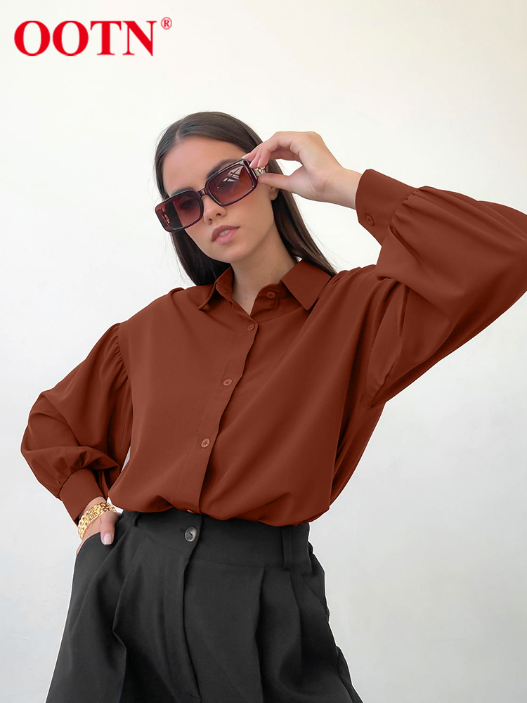 Women's Blouses Shirts OOTN Office Shirt Chiffon Long Sleeve Lapel All-Match Autumn Loose Elegant Button Casual Blouse Pleated Button Women Tops 