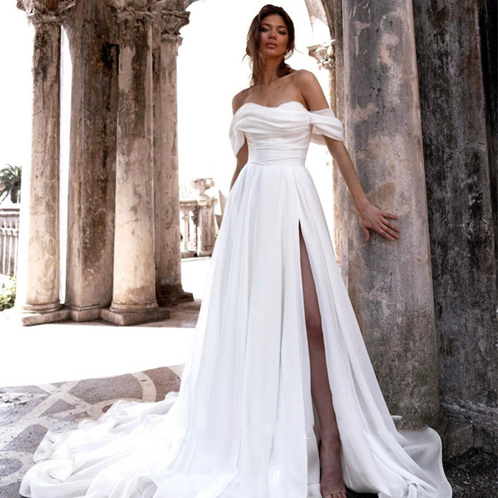 A Line Silk Organza Wedding Dress For Women Brides Gowns Gorgeous Off the Shoulder Pearls Sweetheart Side Slit Women Vestidos De Noiva