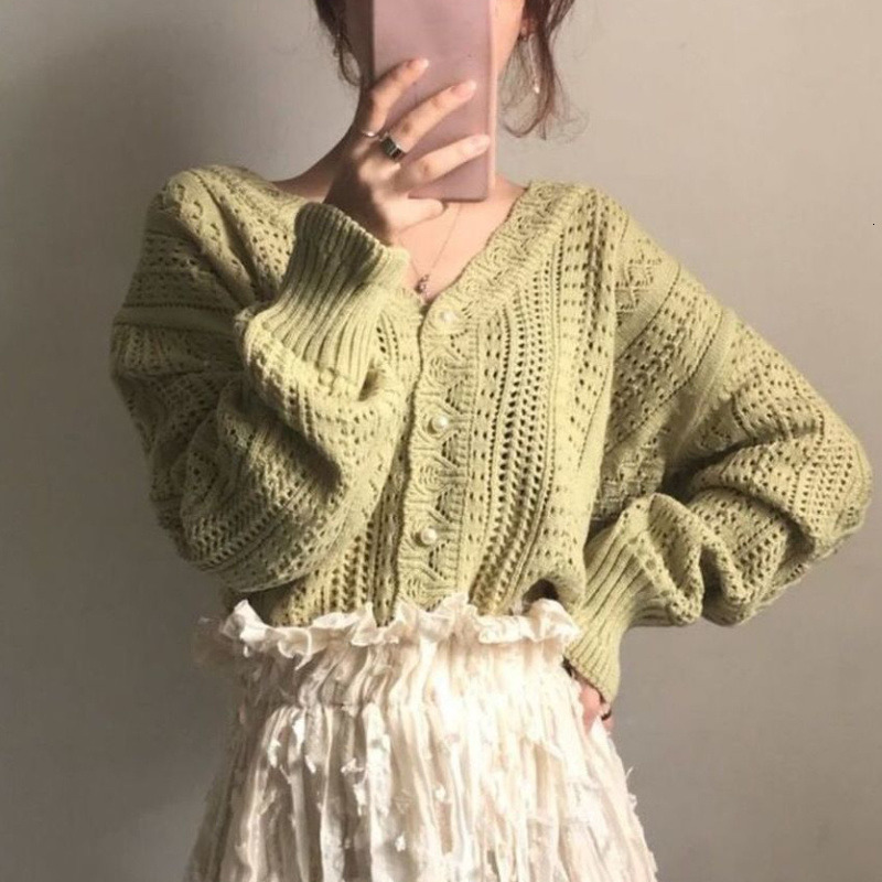 Women's Knits Tees Cardigan Women Elegant Spring Hollow Out Chic Long Sleeve Loose V-neck Feminine Tender Green White Street Outerwear Cozy Ins 2
