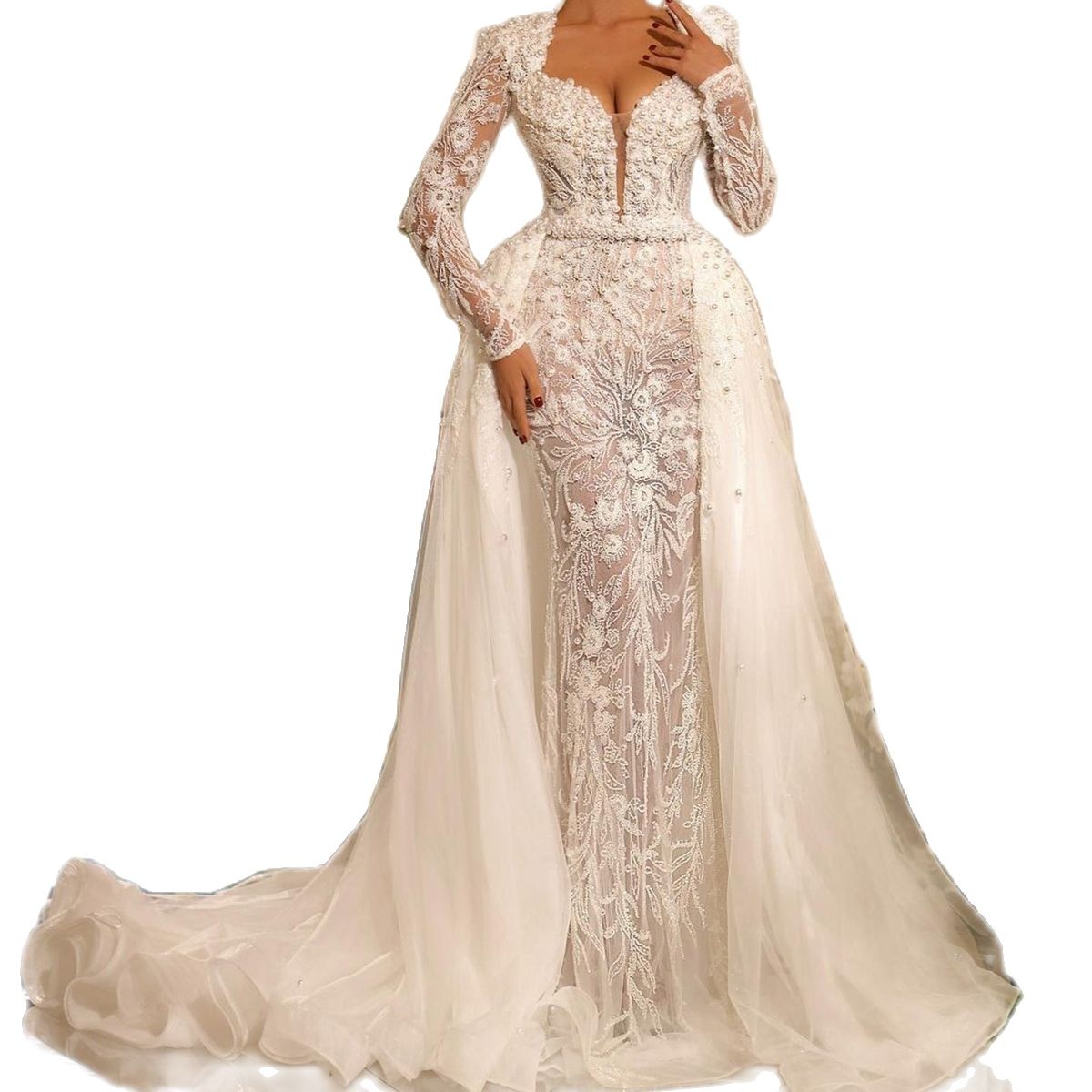 Elegant V Neck Mermaid Wedding Dresses Full Sleeve Lace Bridal Gowns Custom Made Applique Pearls Crystal Dress Vestido De Novia