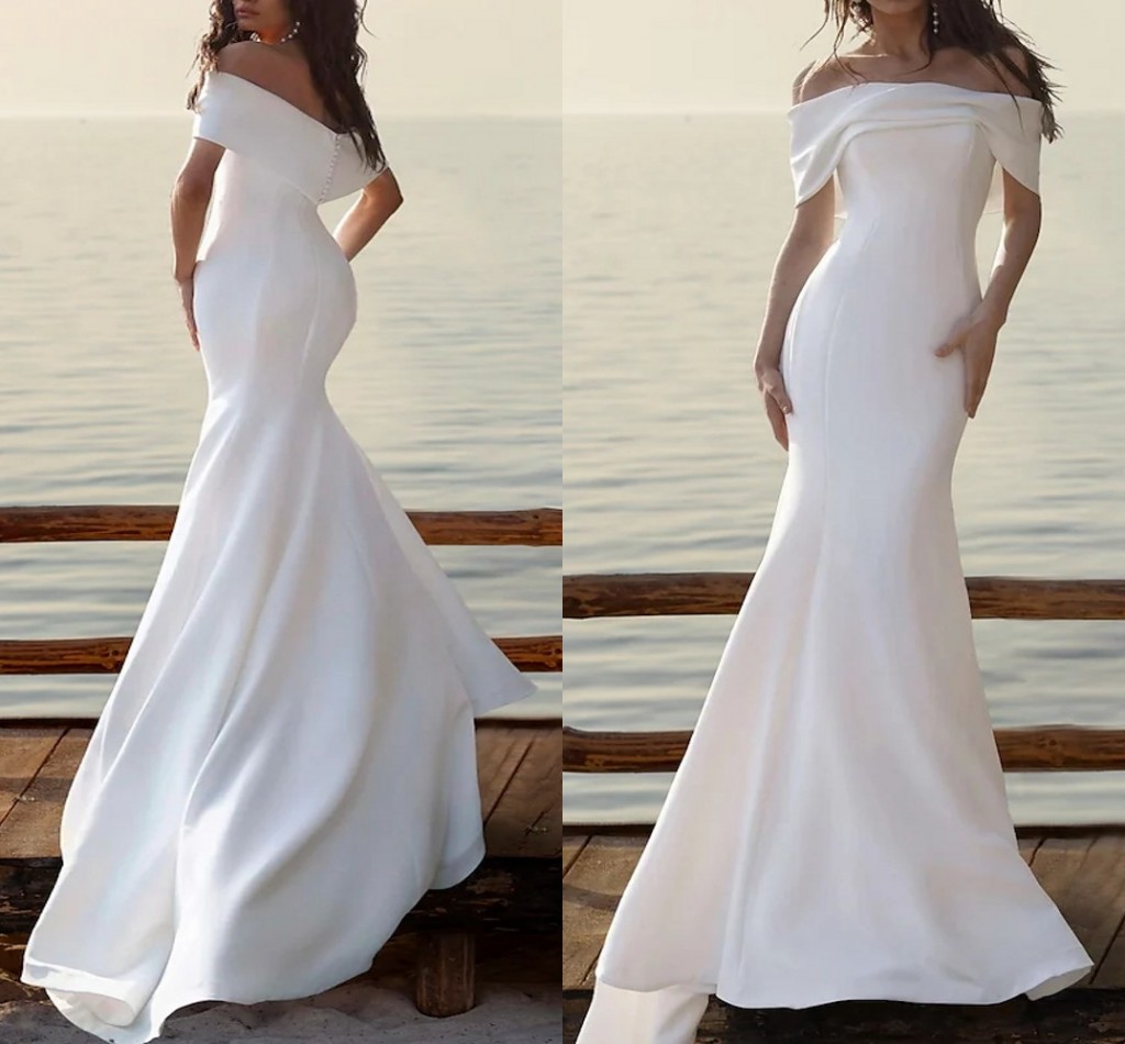 Beach Casual Long Wedding Dress 2023 Mermaid Cap Sleeve Off Shoulder Satin Ruched Backless Bride Gowns Plus Size Robe De Mariee