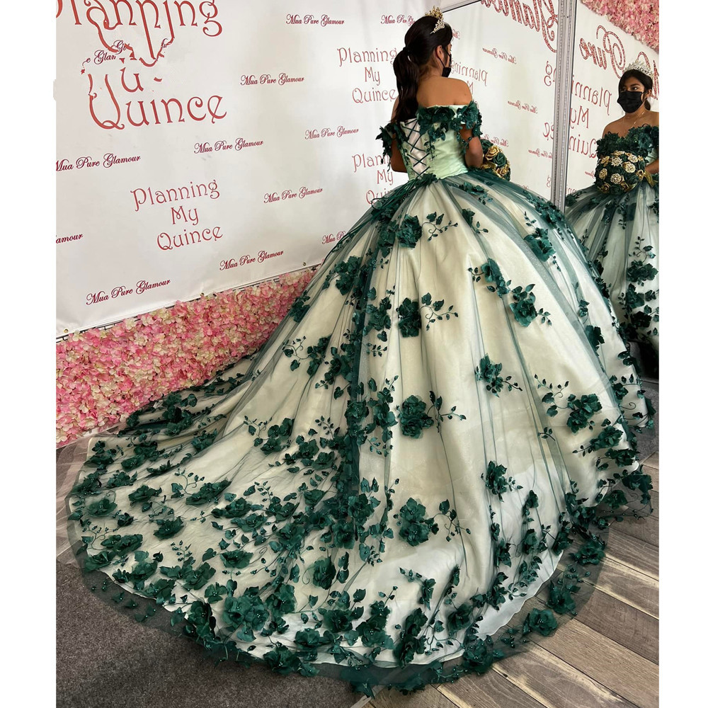 Hunter Green Princess Quinceanera Dresses 3D Flowers Beads Applique Lace-up corset Sweet 15 Dress with bear Party Wear Xv Anos