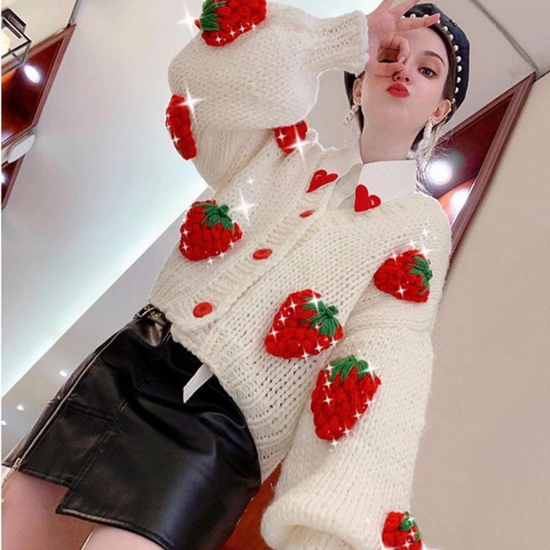 Women's Knits Tees Cute Strawberry Women Cardigan Sweater Winter Loose Fashion V Neck Hand 3D Knitting Ladies Jumper Casual Female Coats 230302