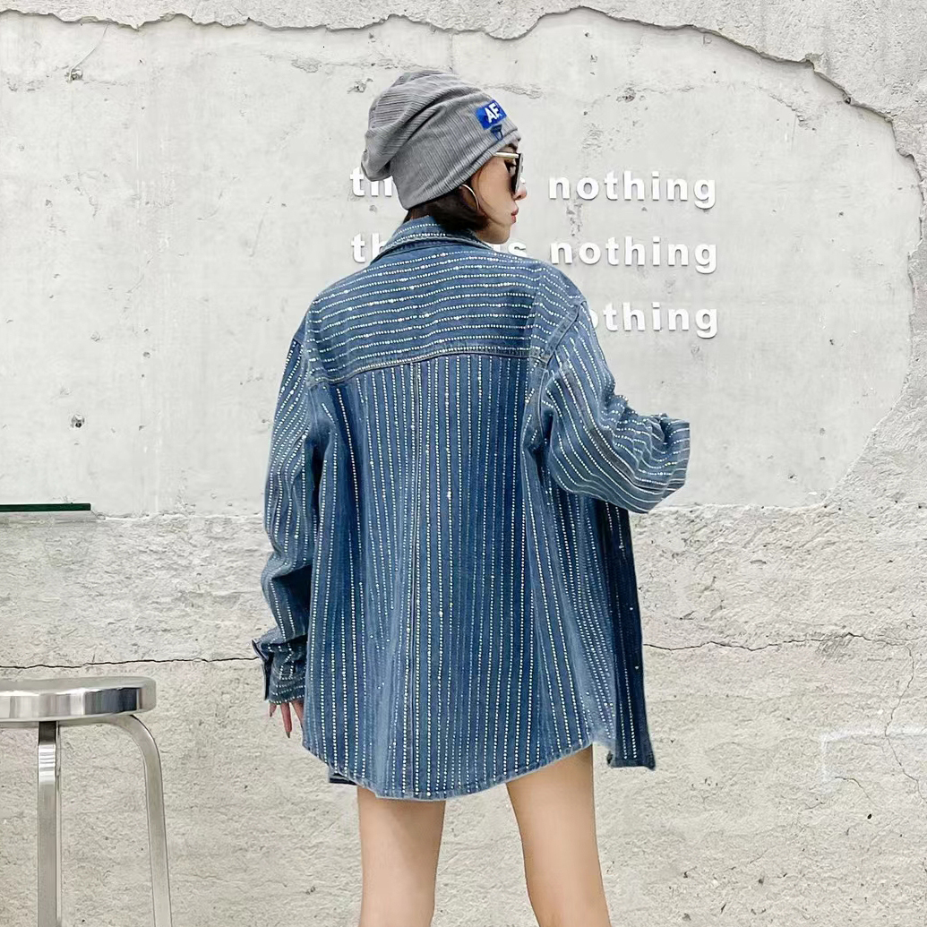 Women's Blouses Shirts European Goods Striped Crystal Denim Coat Autumn Winter Loose Leisure All-Matching Long Sleeve Diamond Shirt 230302