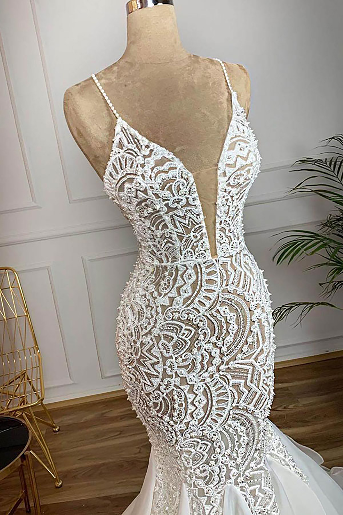 Glamorous Mermaid Wedding Dresses Deep V-neck Spaghetti Special Pattern Applicant Organza Backless Court Gown Custom Made Plus Size Vestidos De Novia