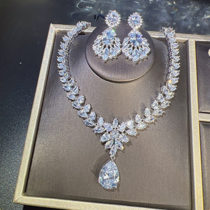 Water Drop Lab Diamond Jewelry set 14K White Gold Engagement Wedding Earrings Necklace For Women Bridal Promise Gift