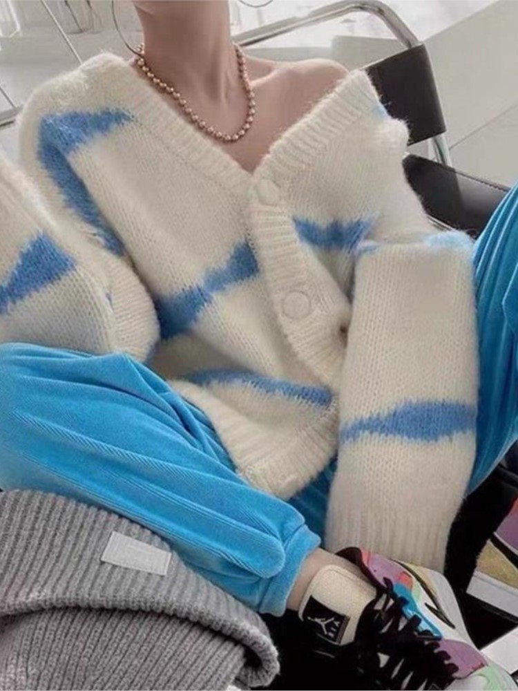 Women's Knits Tees Women Loose Striped Sweaters Korea Loose V-neck Long Sleeve Knitting Cardigan Jacket Outfits Blusa Frio Feminina Tops Mujer 23