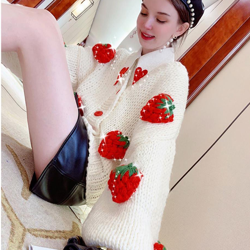 Women's Knits Tees Cute Strawberry Women Cardigan Sweater Winter Loose Fashion V Neck Hand 3D Knitting Ladies Jumper Casual Female Coats 230302