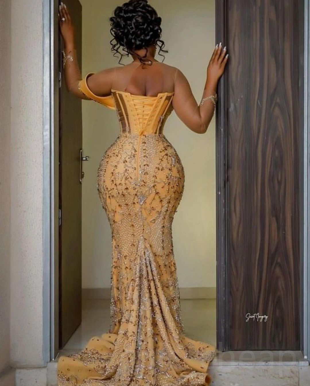 2023 Arabic Aso Ebi Gold Mermaid Prom Dresses Beaded Crystals Luxurious Evening Formal Party Second Reception Birthday Engagement Gowns Dress ZJ505