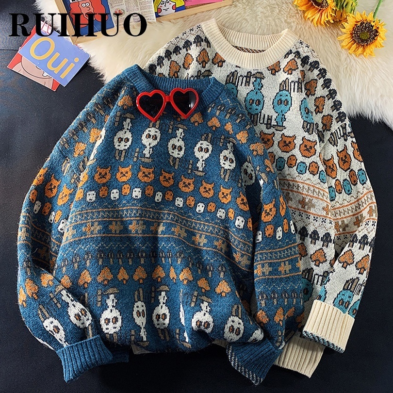 Men's Sweaters RUIHUO Knitted Sweater Men Clothing Harajuku Fashion Mens Sweaters Pullovers Retro Clothes Knitwear 2XL Arrivals 230302