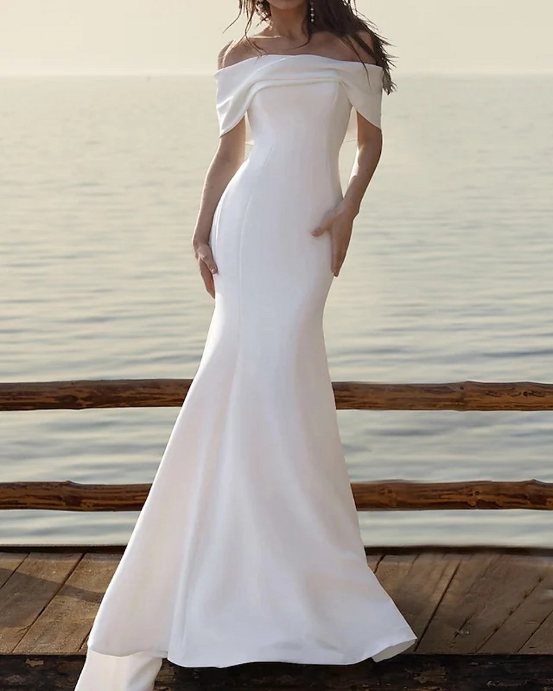 Beach Casual Long Wedding Dress 2023 Mermaid Cap Sleeve Off Shoulder Satin Ruched Backless Bride Gowns Plus Size Robe De Mariee
