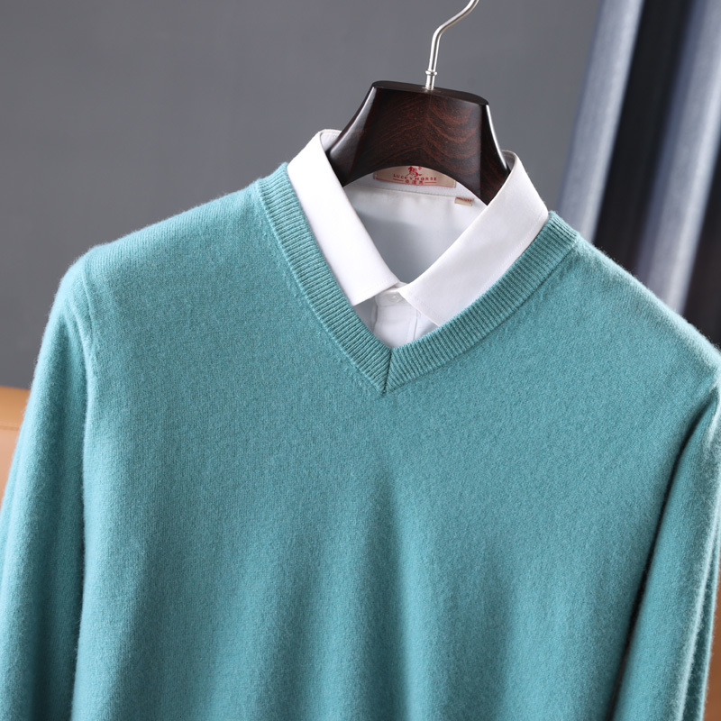 Men's Sweaters Autumn And Winter 100% Wool Knit Sweater Men's Round Neck V-neck Inside The Fashion High-end Comfortable Warm Pullover Top 23