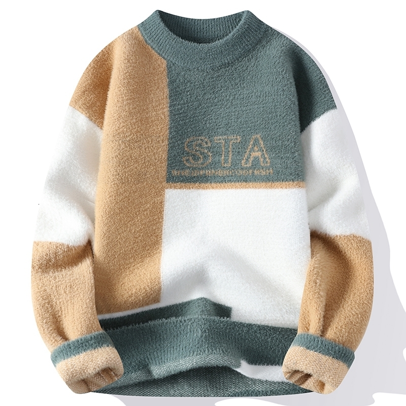 Men's Sweaters Winter Cashmere Warm Sweater Men Mens Half height collar Pullover Patchwork Slim Fit Sweaters Tops Knitted Men's Christmas Ju