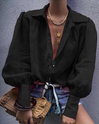 Women's Blouses Shirts Office Lady Summer Suit Collar Sexy Perspective Blouse Chic Women's Puff Sleeve Single-Breasted Loose Shirt Tops 2303