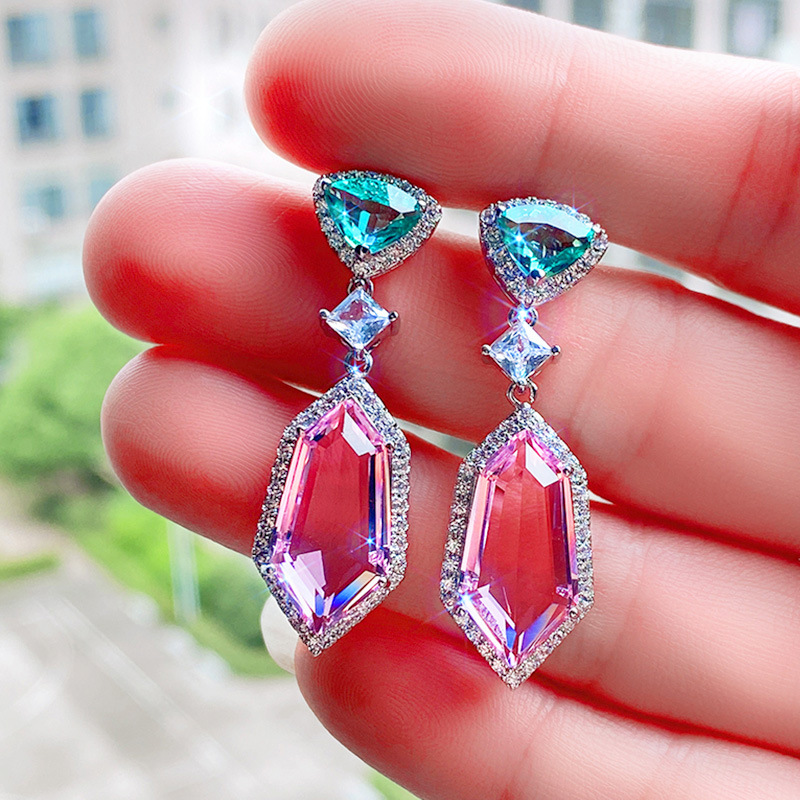 Fashion silver color korean Zircon Stud Pink Earing Earrings For Women Girl Party Gift Jewelry