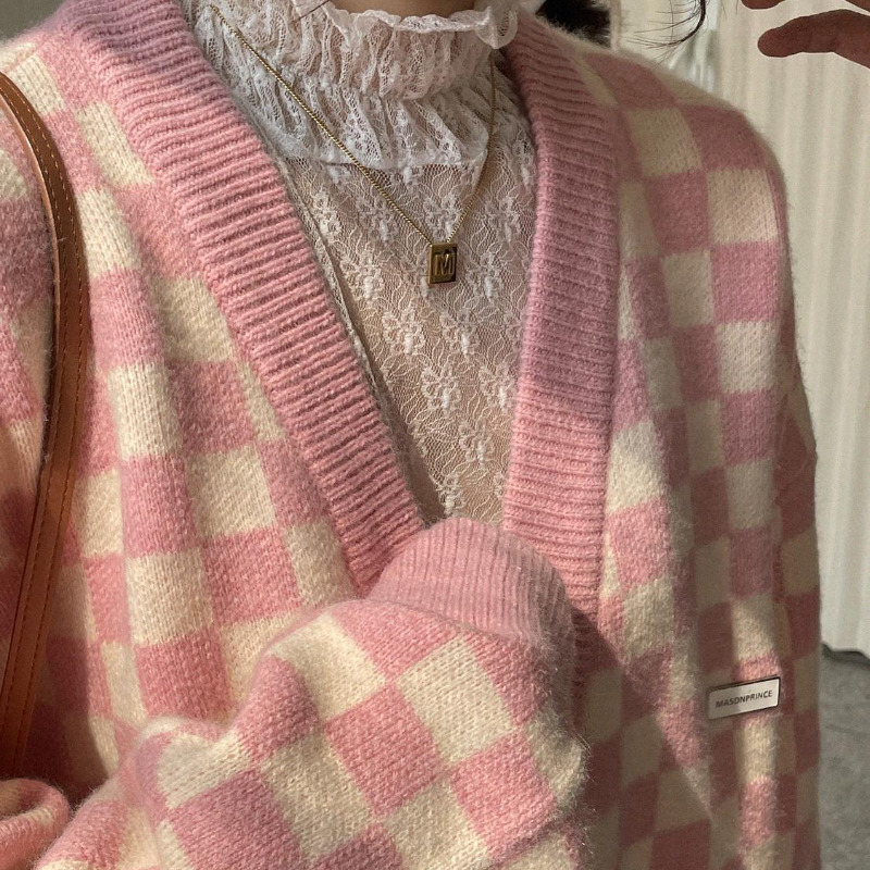 Women's Knits Tees checkerboard Cardigans women Long Sleeve Knitted Sweater Women Korean Pink Sweaters Cardigan Female Jacket with Buttons 230302