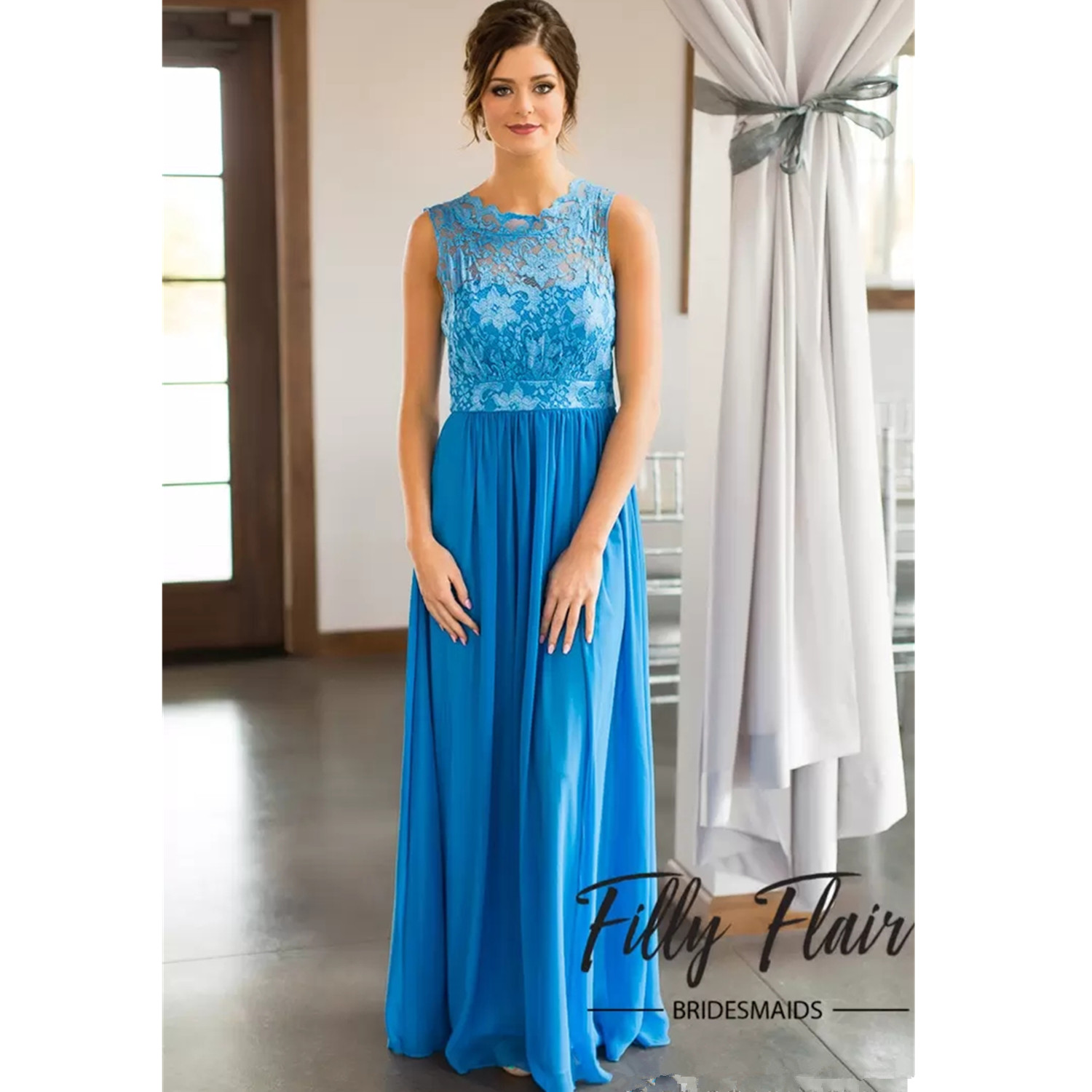 New Country Navy Blue Scoop Bridesmaid Dresses Cheap 2023 Beach Chiffon Wrinkles Lace Sheer Long Pregnant Maid of Honor Gowns