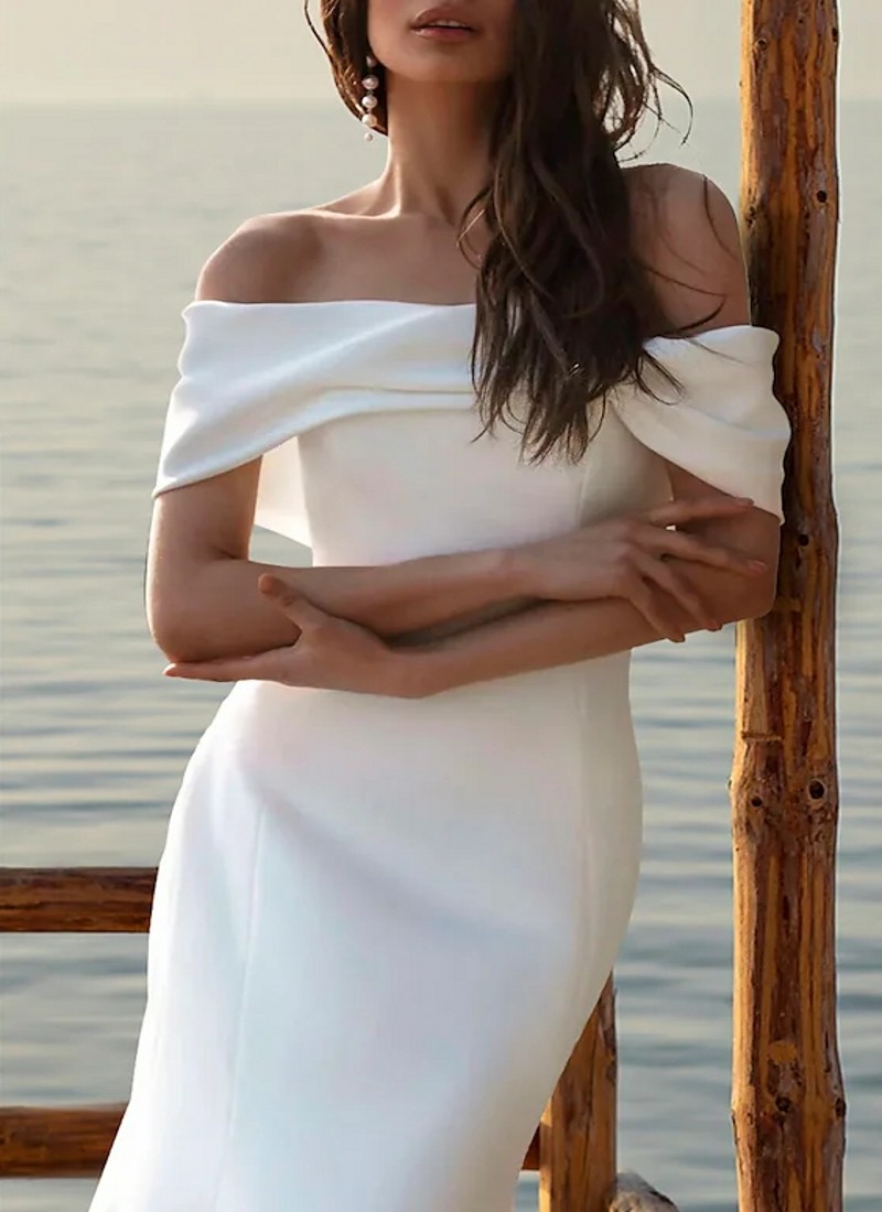 Beach Casual Long Wedding Dress 2023 Mermaid Cap Sleeve Off Shoulder Satin Ruched Backless Bride Gowns Plus Size Robe De Mariee