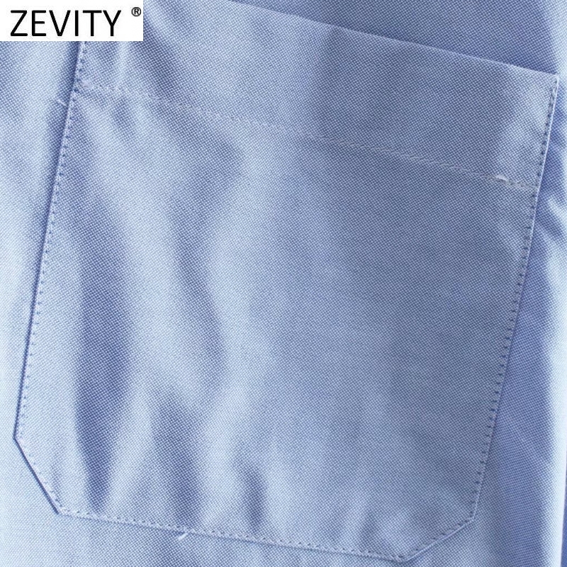 Women's Blouses Shirts Zevity Women Fashion Pocket Patch Business Smock Blouse Femme Split Long Sleeve Breasted Short Shirt Roupas Chic Tops LS91