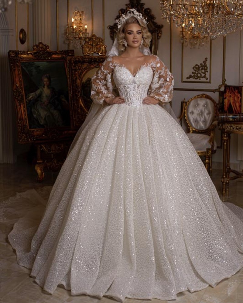 Retro Shinny Wedding Dress 2024 Sequins Lace Applique Illusion Neck Long Sleeves Bodice Bridal Gowns Dubai Vestidos De Novia