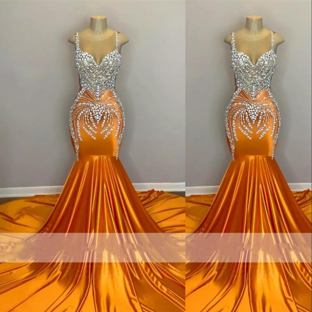 2023 Sexy Mermaid Prom Dresses Orange Silver Plus Size Arabic Illusion Neck Rhinestone Crystal Beading Illusion Sleeveless Evening Formal Party Gowns 