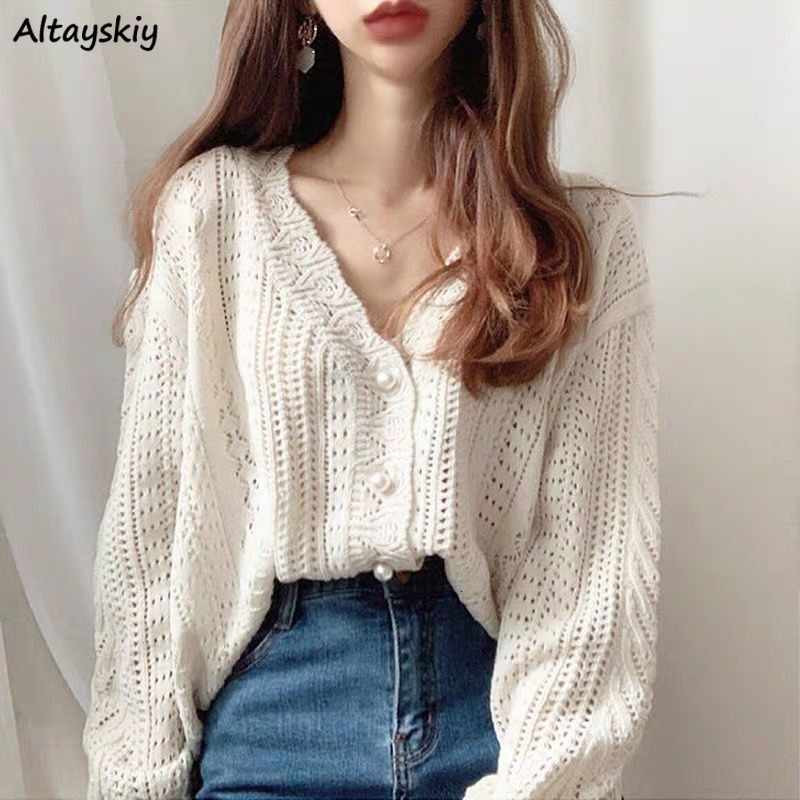 Women's Knits Tees Cardigan Women Elegant Spring Hollow Out Chic Long Sleeve Loose V-neck Feminine Tender Green White Street Outerwear Cozy Ins 2