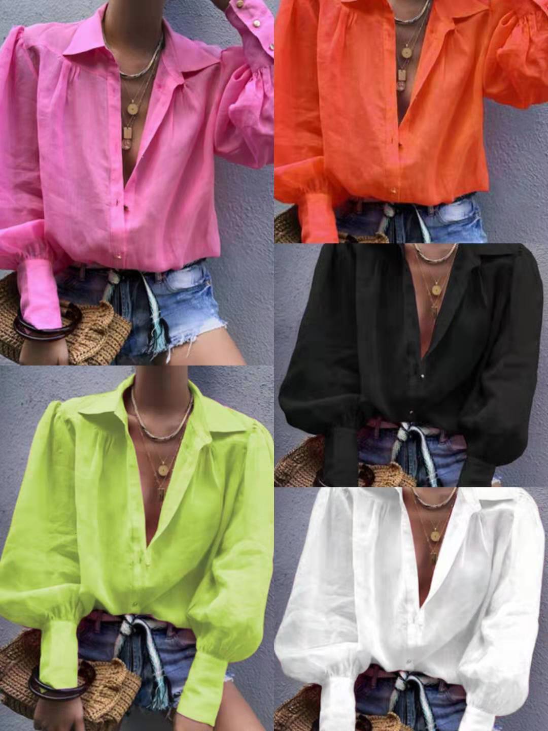 Women's Blouses Shirts Office Lady Summer Suit Collar Sexy Perspective Blouse Chic Women's Puff Sleeve Single-Breasted Loose Shirt Tops 2303