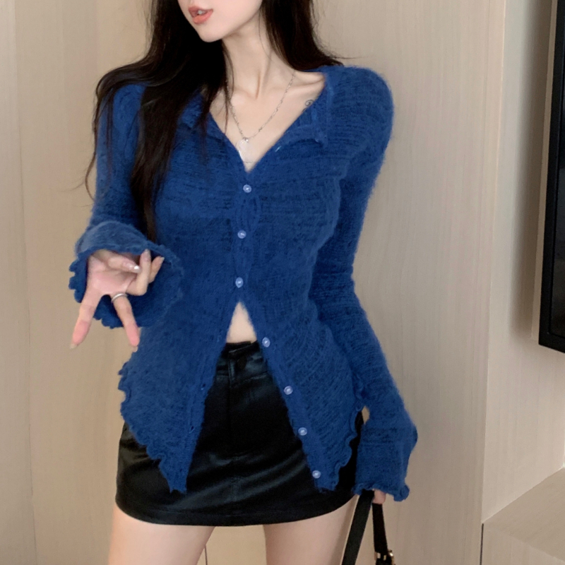 Women's Knits Tees V-neck Single-breasted Slim Blue Mohair Long-sleeved Cardigan Women Winter High Street Fashion Casual Knitted Tops 230302