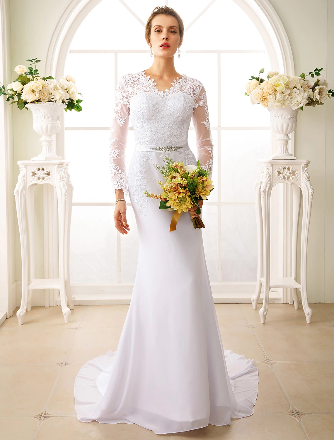 Sexy Long Wedding Dress 2023 Mermaid Long Sleeve V Neck Chiffon Lace Appliques Bride Gowns Plus Size See-Through Robe De Mariee