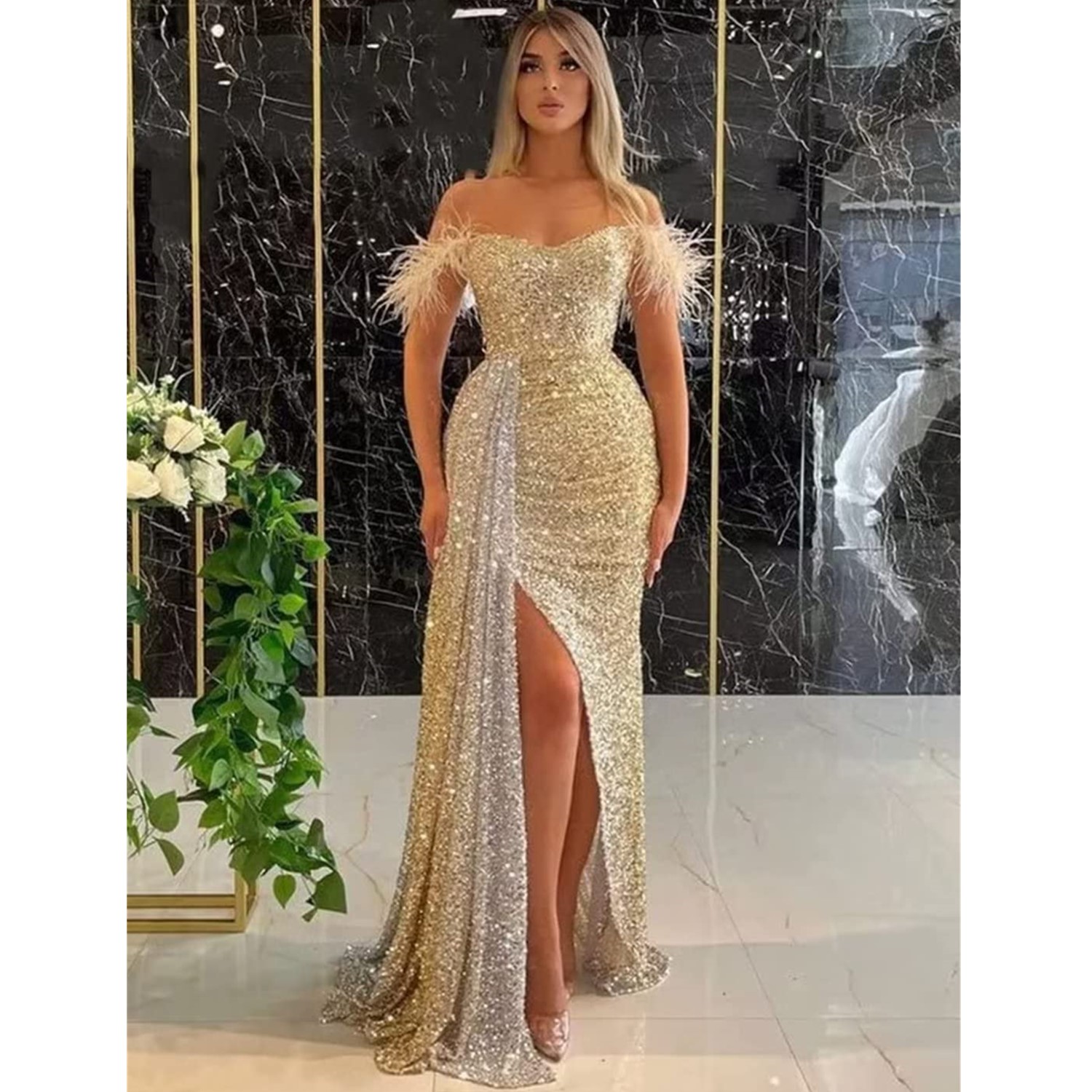 Elegant Pink Sequined Mermaid Prom Dresses Strapless Feather Luxurious Evening Formal Party Second Reception Gowns Dress