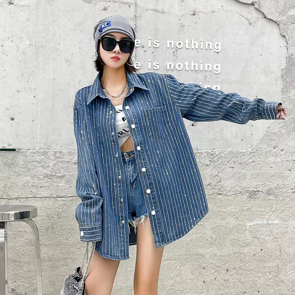 Women's Blouses Shirts European Goods Striped Crystal Denim Coat Autumn Winter Loose Leisure All-Matching Long Sleeve Diamond Shirt 230302